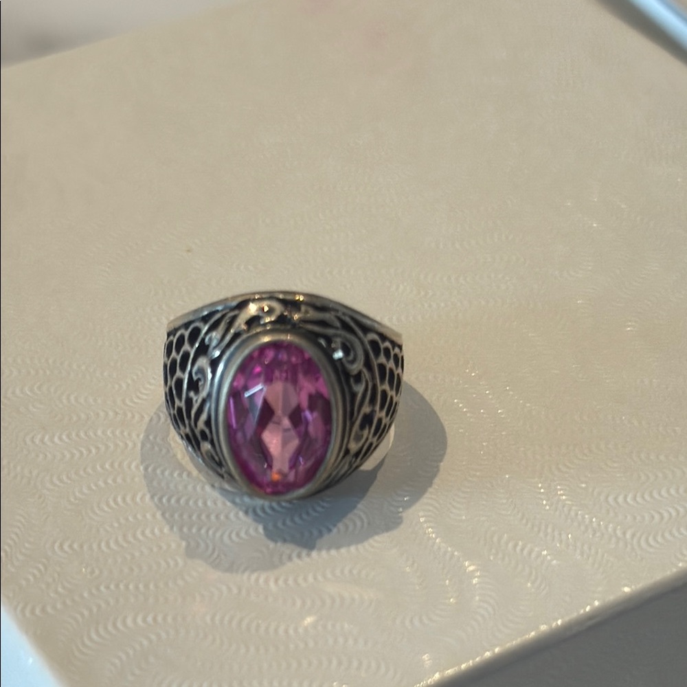 Silver 916 Ring with Pink Gemstone/ cynthetic ruby